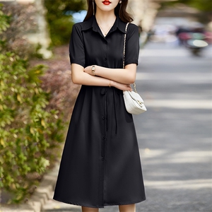 女装新款2024年夏季休闲风短袖系带调节腰纯色POLO领中长款连衣裙图片