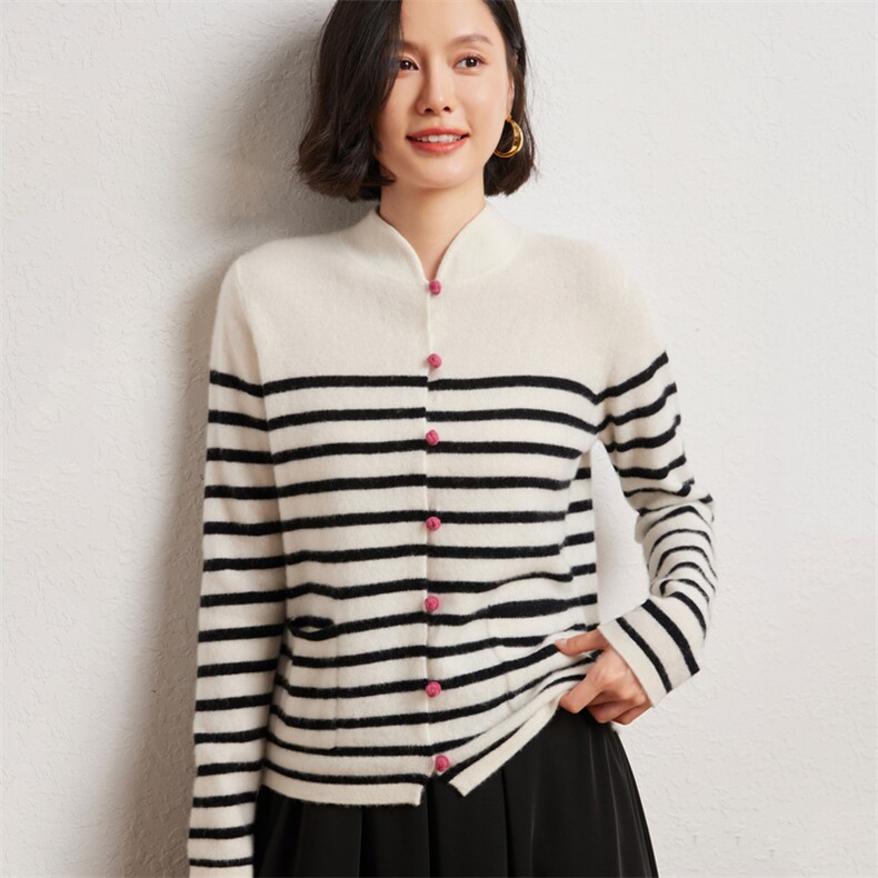 时尚女士中式立领条纹开衫优雅显瘦10%外套,女装羊绒衫,臻维羊绒