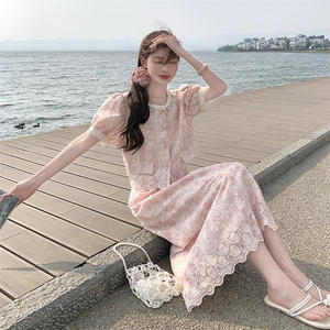 小香风时尚套装女夏2025新款流行洋气蕾丝韩系夏日绝美穿搭两件套图片