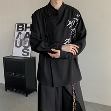 25新中式复古风立领衬衫男女唐装盘扣竹子刺绣宽松长袖汉服衬衫，男装衬衫，星座909
