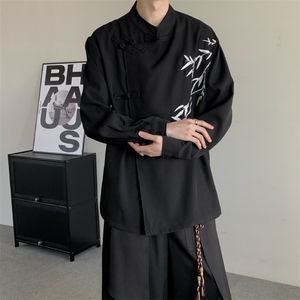 25新中式复古风立领衬衫男女唐装盘扣竹子刺绣宽松长袖汉服衬衫图片