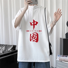 LD54198-P45连帽短袖t恤男大码胖子带帽五分袖中袖，男装T恤，电商A040
