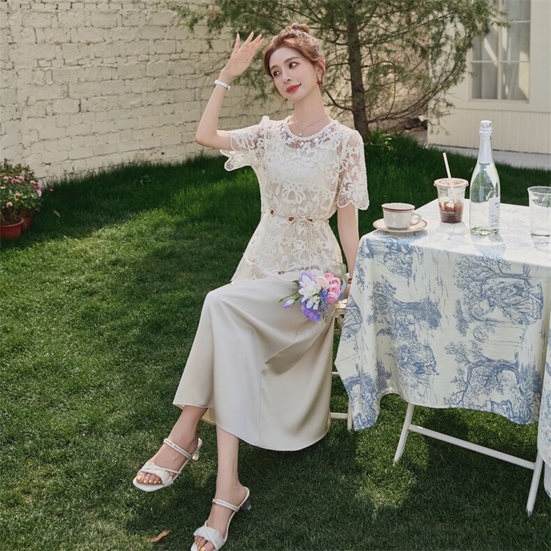蕾丝镂空罩衫吊带连衣裙两件套女夏2025新款度假风减龄洋气套装裙，女装套装/套裙，苗苗
