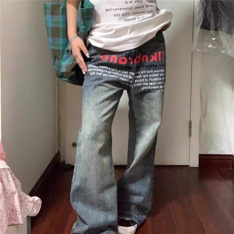 水洗做旧小众字母印花牛仔裤男宽松设计感直筒裤子 N6087 网络图图片