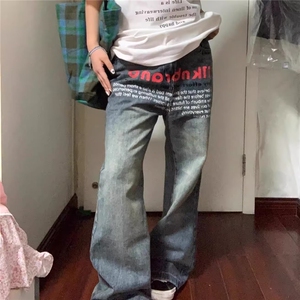 水洗做旧小众字母印花牛仔裤男宽松设计感直筒裤子 N6087 网络图图片