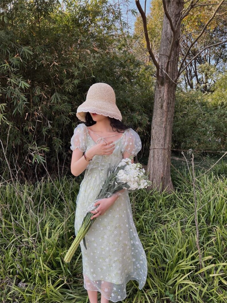 蕾丝印花甜美连衣裙，女装连衣裙，Mu Mu