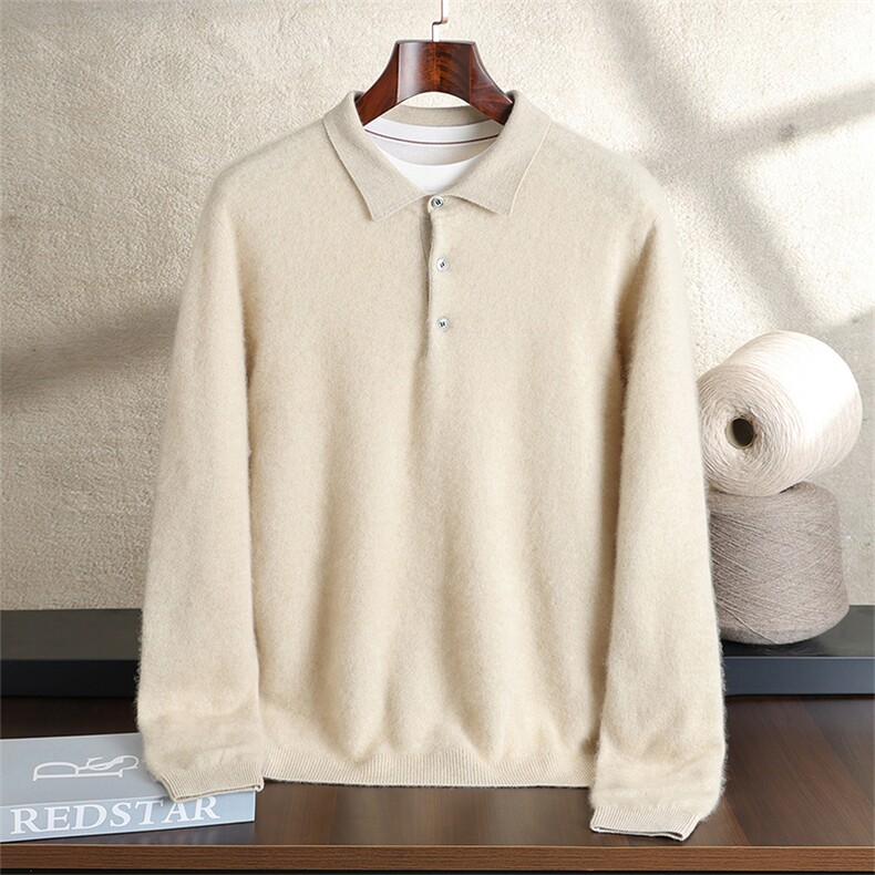 2025年秋季新款百搭男士polo领长袖系扣羊绒衫，男装羊绒套衫，绒之心羊绒