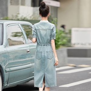 2024夏季新款薄款短袖新中式国风盘扣牛仔连衣裙女中长款立领裙子图片