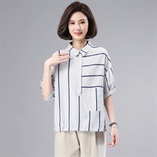 条纹衬衫女纯棉2022年新款夏季宽松薄款衬衣时尚妈妈设计感上衣潮，女装衬衫，奕阳依阁