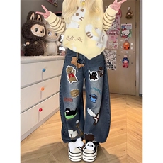美式复古卡通毛巾绣弯刀牛仔裤男女秋季潮牌百搭设计感宽松直筒裤，男装牛仔裤，星座813-2