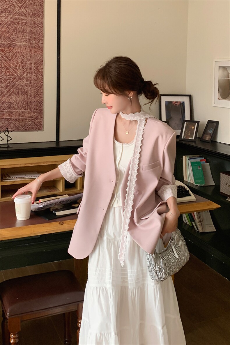 韩系独特超好看蕾丝飘带西装外套女2025春季新款超火减龄V领西服,女装西装,2C015