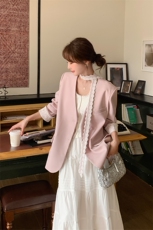 韩系独特超好看蕾丝飘带西装外套女2025春季新款超火减龄V领西服，女装西装，2C015