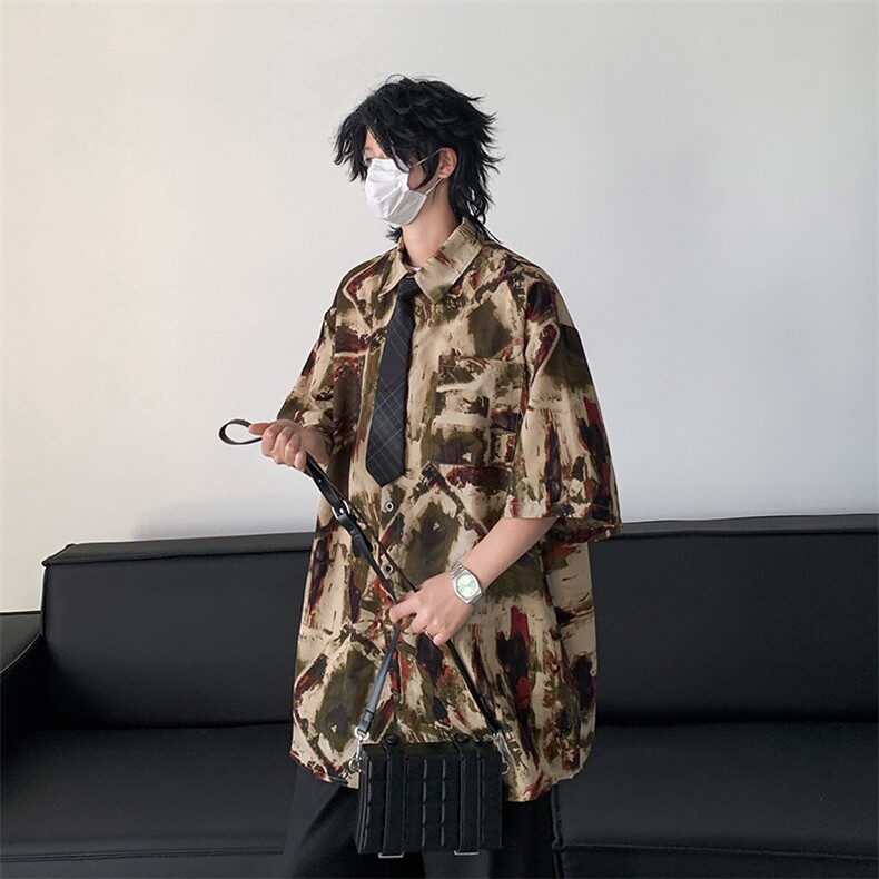 夏季海边沙滩花衬衫短袖男士薄款潮牌宽松休闲衬衣,男装衬衫,星座410-7