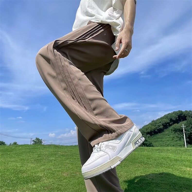 美式条纹冰丝西裤男夏季潮牌高街垂感直筒拖地裤百搭宽松休闲长裤,男装休闲裤,四季星座218-1