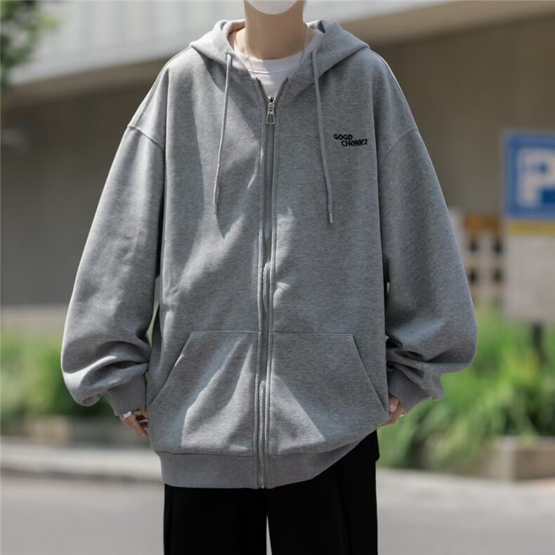 开衫卫衣连帽男韩版潮流字母灰色2023秋冬季新款ins外套WB116-P53,男装卫衣,星座412-3