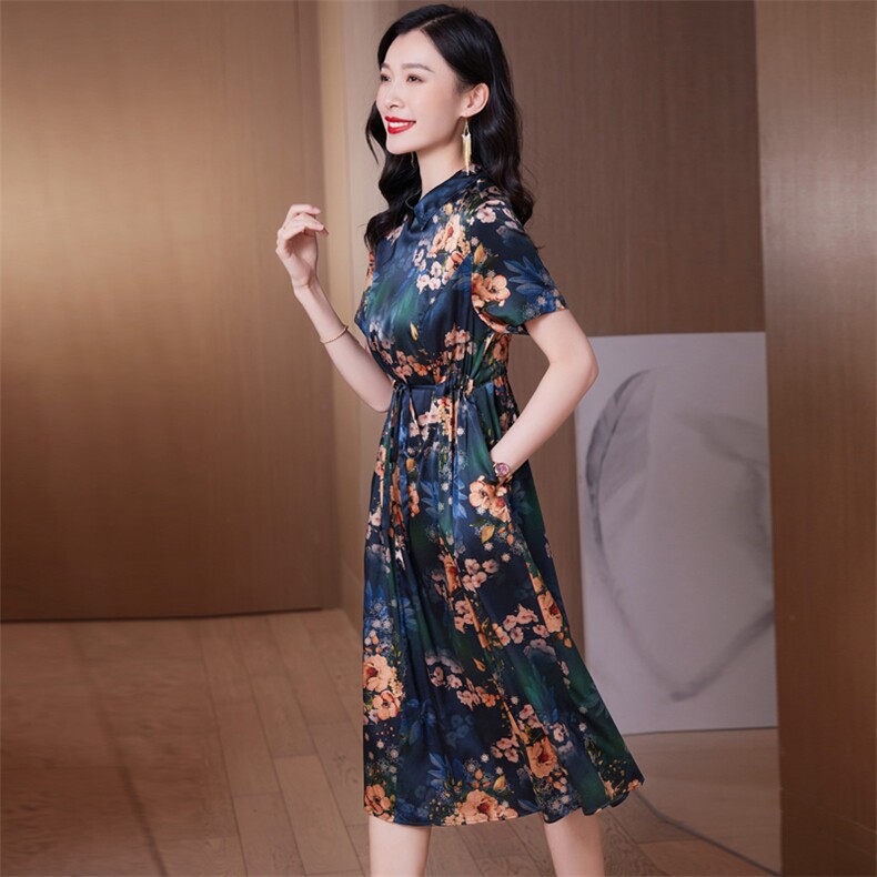 重磅真丝连衣裙女妈妈装真丝2026年夏季新款收腰印花裙子A23032,女装连衣裙,阿舍尔精品