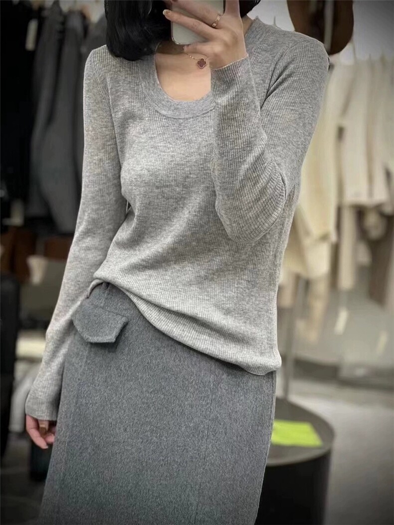 时尚显瘦高级感精纺羊毛U领抽条长袖打底衫,女装羊毛衫,圣旺供货
