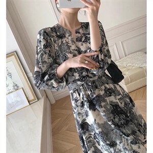 秋季新款时尚韩版修身淑女气质高雅印花连衣裙,女装连衣裙,荷塘月色