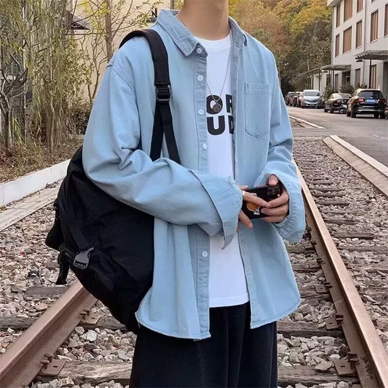 秋季港风复古牛仔衬衫男款潮牌宽松休闲工装衬衣外套口袋上衣服图片