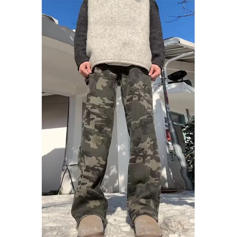 美式迷彩加绒牛仔裤男春秋季新款潮牌高街伐木工装直筒裤KF5425,男装牛仔裤,星座1116A（原606A-3）