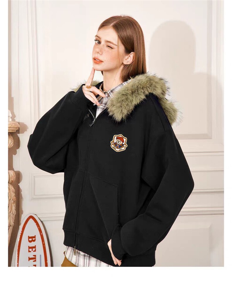 网图美式复古卡通熊耳朵毛领连帽卫衣男女休闲开衫拉链外套特P78,女装短外套,电商C306-1