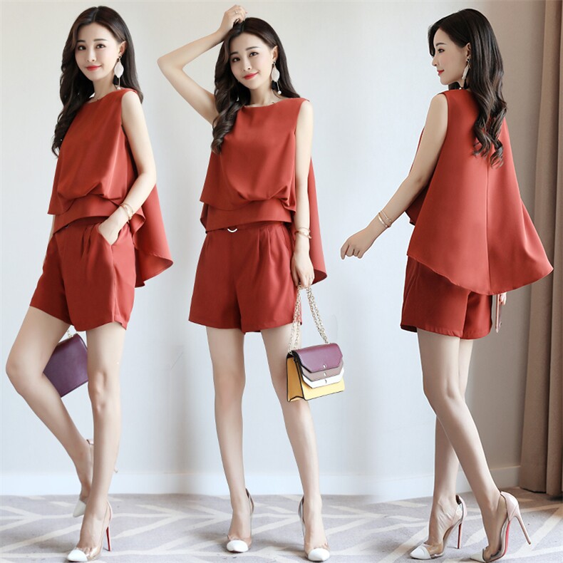无袖纯色气质修身显瘦圆领韩版2022年夏季套装/套裙短裤，女装套装/套裙，火爆靓佳人