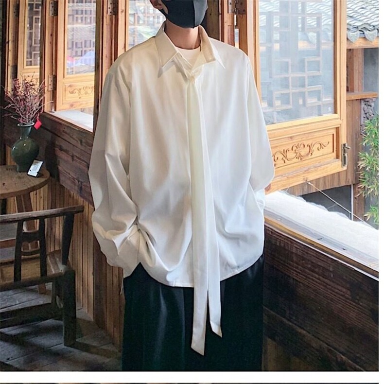 2025新款雪纺垂感可拆卸领带设计宽松长袖衬衫定制印字美发工作服,男装衬衫,星座506A