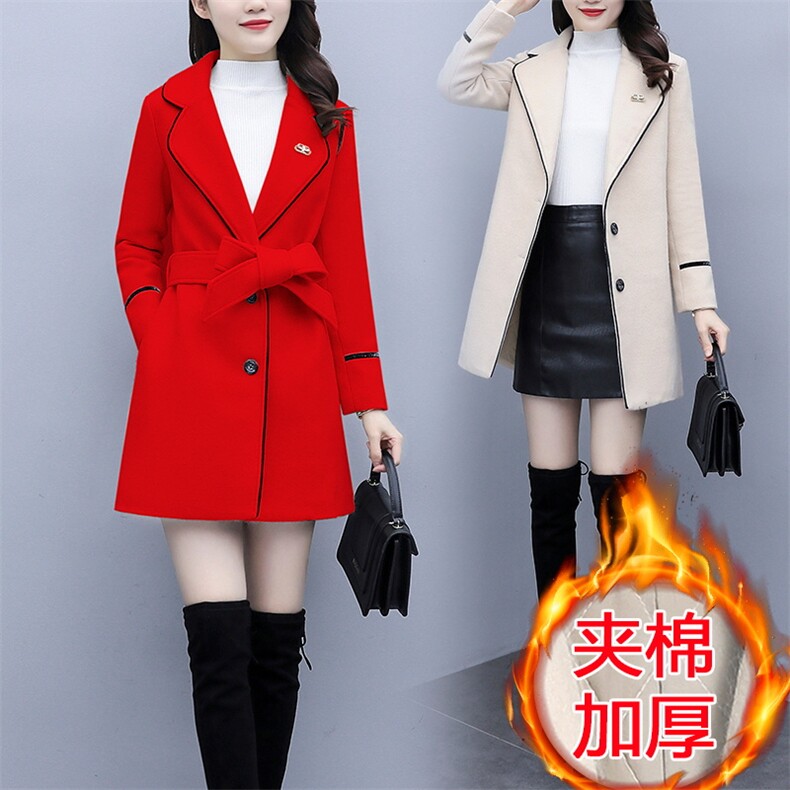 2021秋季夹棉加绒加厚毛尼外套女中长款英伦风包边时尚，女装毛呢外套，潮品会