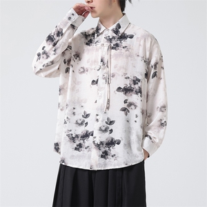 C8605P65无影墻高品质水墨印花盘扣新中式风唐装汉服衬衫
