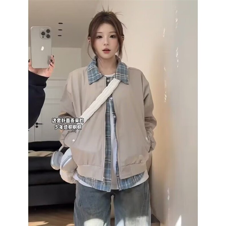 887-P63美式复古格子拼接假两件夹克男女cleanfit设计感,男装夹克,电商B323A