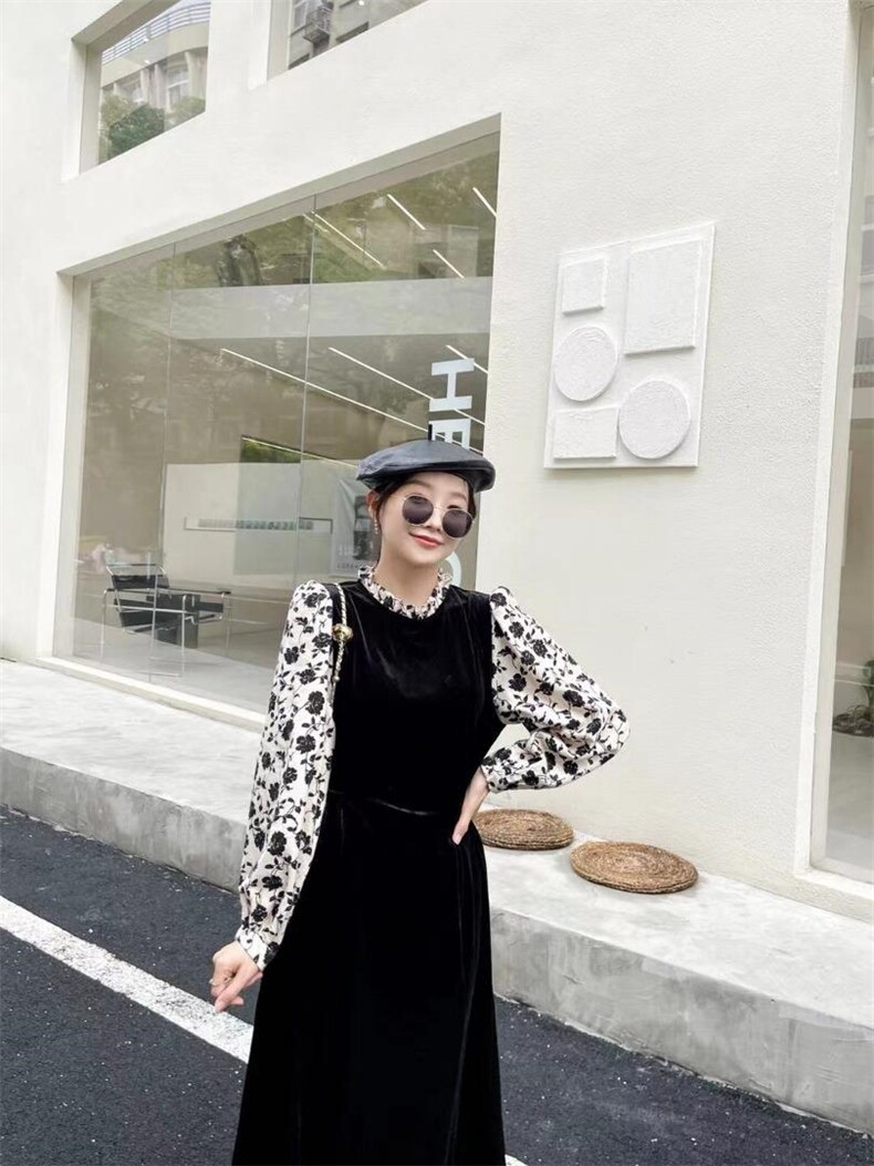 磨毛印花拼接丝绒裙，其它，Balance Studio