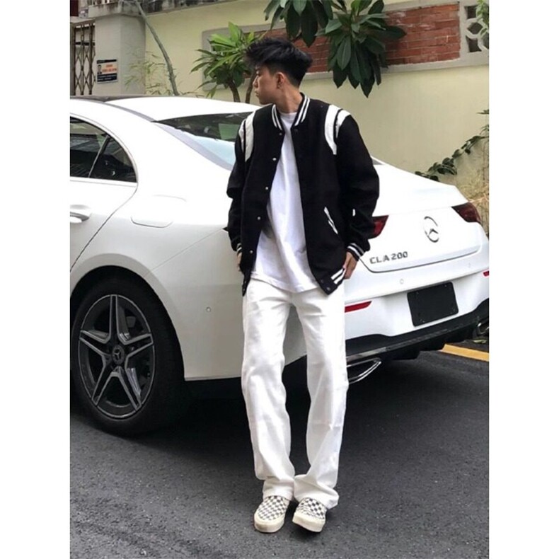 黑白撞色棒球服外套男春秋新款美式潮牌高级感宽松毛呢飞行员夹克,男装夹克,星座601-2
