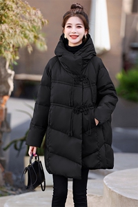 新款女装90白鸭绒复古潮流盘扣连帽羽绒服 宽松显瘦保暖外套图片