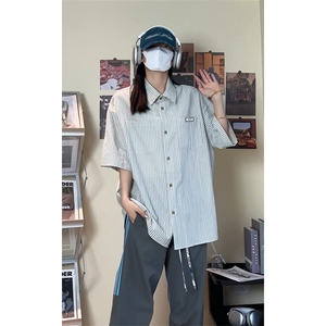 夏季潮流大码宽松百搭撞色贴标条纹短袖衬衫DC2218-P38【特价】图片