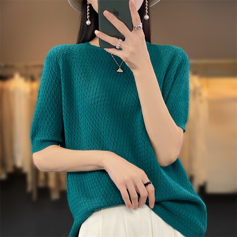 24夏季薄款100%纯棉T恤女宽松圆领纯色短袖百搭显瘦针织棉麻半袖，女装T恤，鹿一羊绒