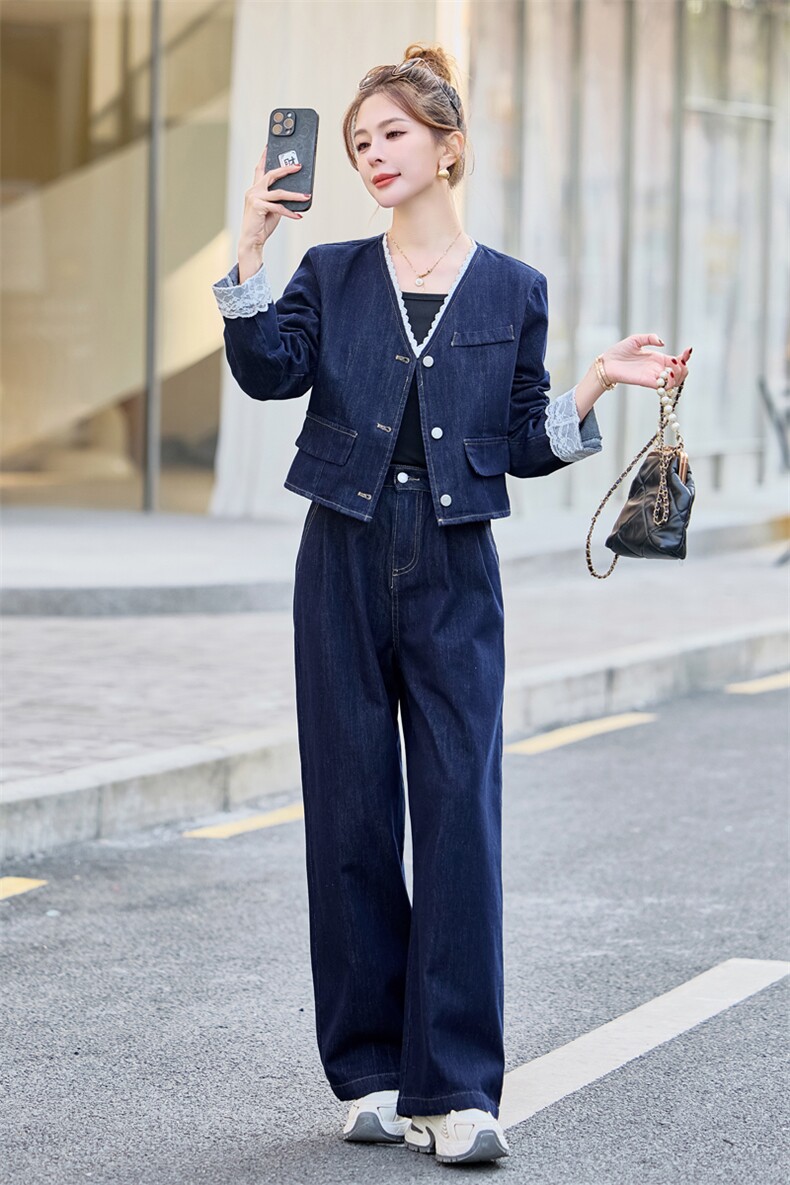 蕾丝拼接牛仔套装女春季2025新款洋气时尚时髦气质阔腿裤两件套,女装套装/套裙,瑶迪依秀