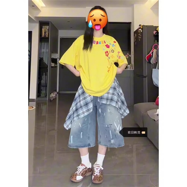 大码撞色泼墨牛仔短裤女2025夏季新款高腰慵懒感显瘦通勤七分裤子，男装牛仔裤，星座506A