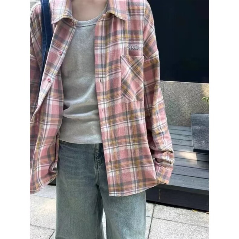 2025新款刺绣嫩粉色格子衬衫外穿女时尚高级宽松休闲显瘦衬衣开衫图片