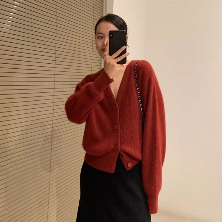 长袖针织开衫女宽松百搭纯色短款V领羊毛休闲外套上衣,女装羊毛衫,思途羊绒