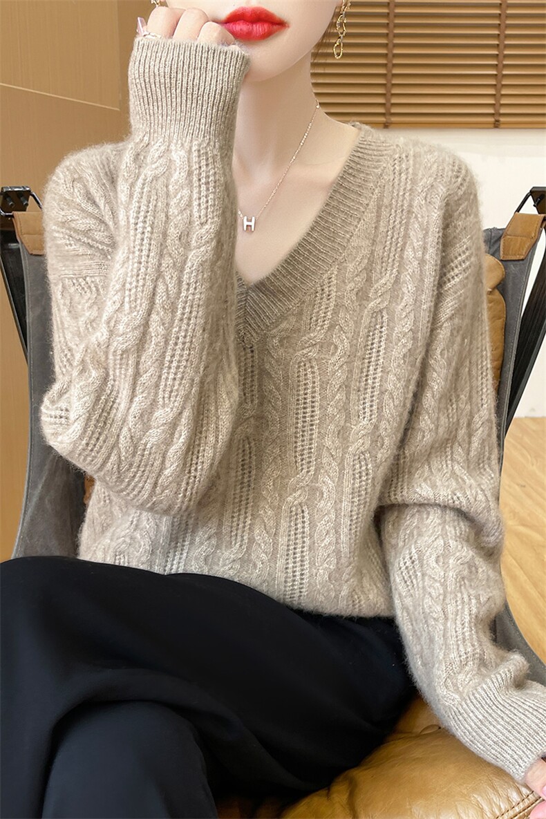 宽松慵懒风100%纯羊毛衫女圆领绞花加厚毛衣复古花纱羊绒打底上衣,女装羊毛衫,吉高羊绒