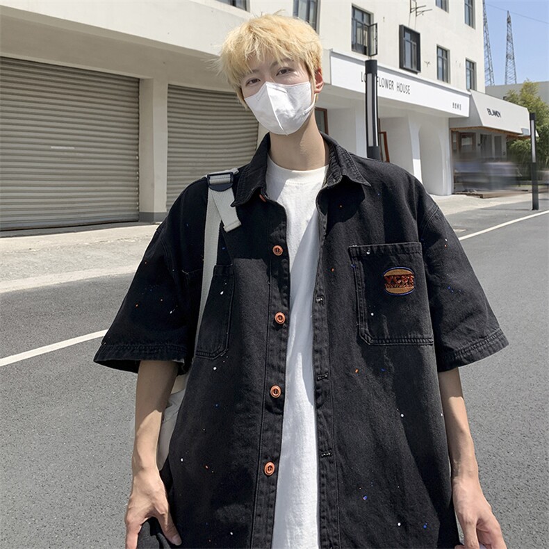 夏季新款牛仔短袖衬衫男外套日系薄款宽松休闲上衣图片