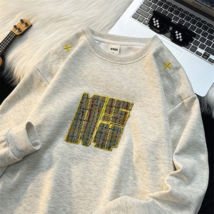 套头长袖美式潮流复古绣花卫衣男春秋圆领宽松情侣上衣W6124-P40图片