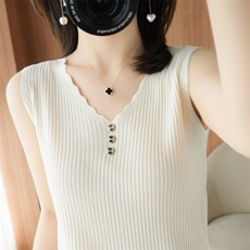 质感100%纯棉V领吊带背心女修身显瘦韩版无袖上衣新款内搭针织衫，女装马甲，秋双羊绒