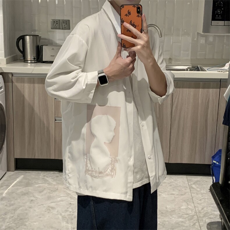 冰丝短袖衬衫男夏季港风宽松七分袖衬衣ins痞帅印花休闲CS40-p30图片
