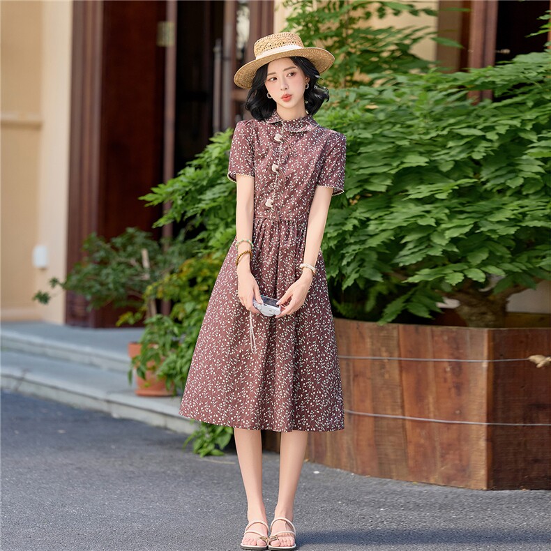 全棉碎花连衣裙夏新款收腰显瘦田园风优雅裙子（细节图颜色为准）,女装连衣裙,水衣源