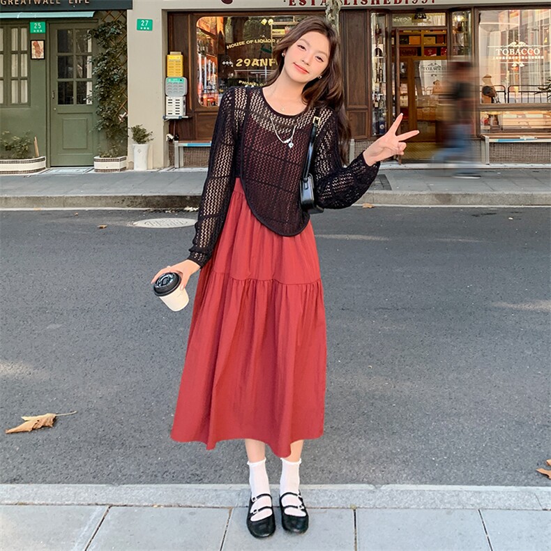 韩系氛围感针织套装连衣裙女春秋吊带裙两件套清冷松弛感超好看潮,女装套装/套裙,采品优优