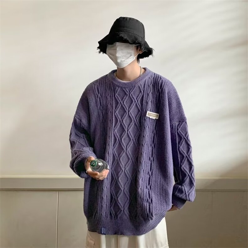 797-P48休闲宽松长袖毛衣男士春秋季新款潮牌翻领情侣提花百搭,男装T恤,电商B323A