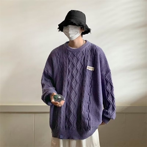 797-P48 休闲宽松长袖毛衣男士春秋季新款潮牌翻领情侣提花百搭图片