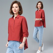 棉麻衬衫女短袖韩版显瘦大码前短后长遮肚子衬衣夏季亚麻上衣女，女装衬衫，希欧阁