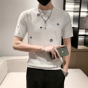 春夏青年刺绣针织短袖男潮流帅气男士网红半袖内搭半截袖 T3322图片